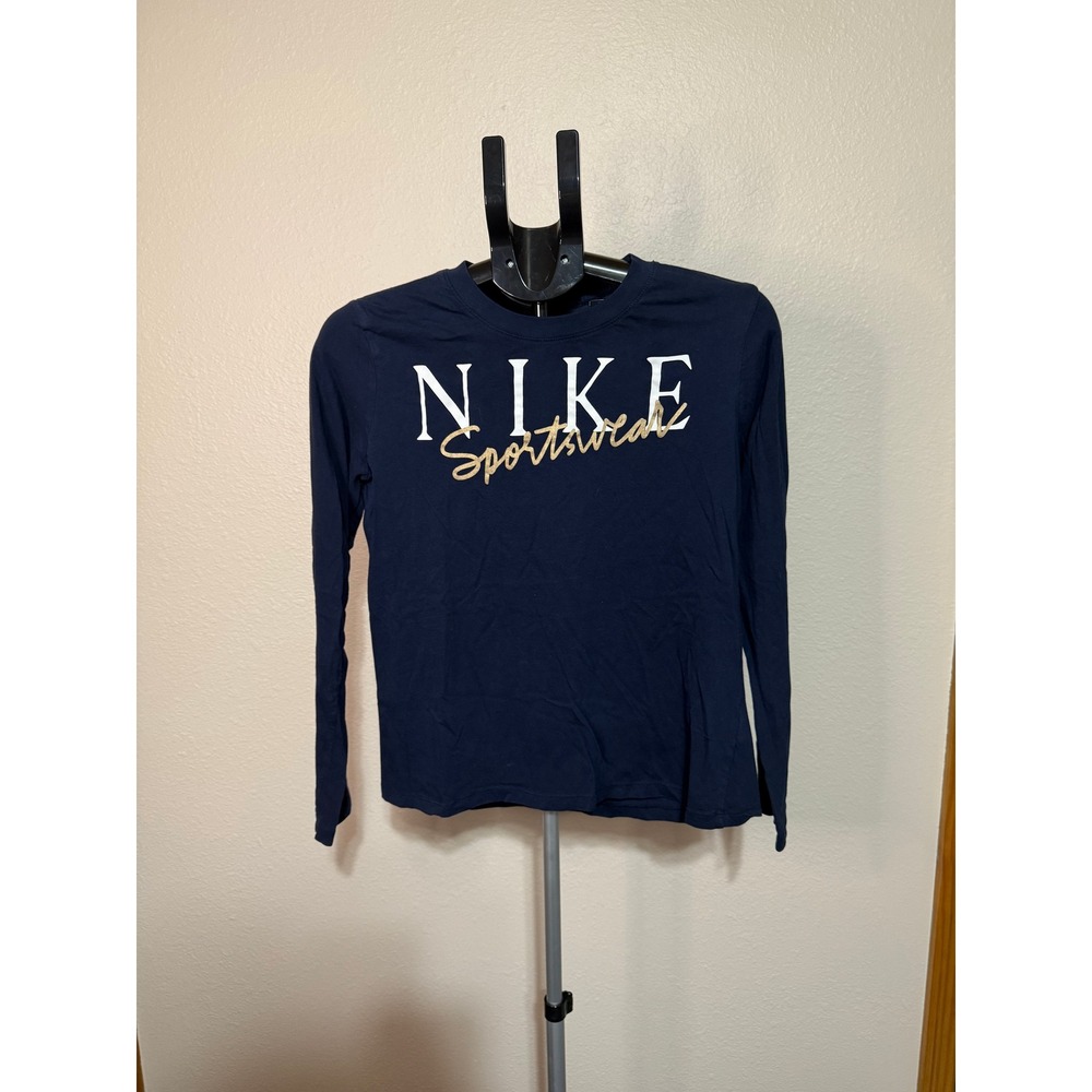 Nike Sportswear Long Sleeve Graphic Tee Navy Blue Gold White Logo Mens Medium